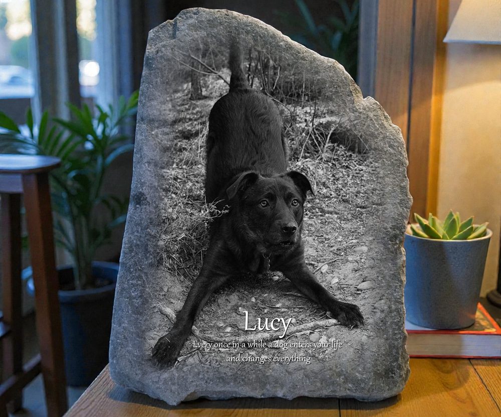Black and white memorial stone of Lucy, a black dog in a play bow